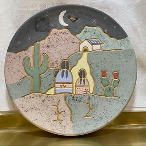 Handmade Mexican Glazed Ceramic Plate with Gold Fill Village Painting Pottery